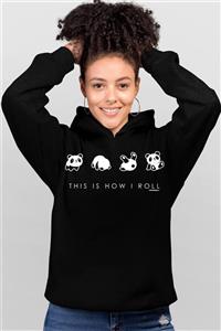 Rock & Roll Panda Taklası Siyah Kapşonlu Kadın Sweatshirt