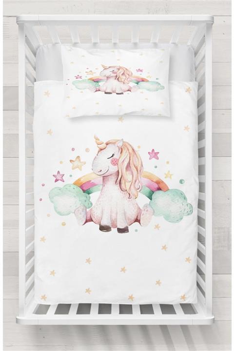 Else Halı Unicorn Bulutlar Atlı Gök Kuşağı Desenli Beşik Bebek Odası Nevresim Takımı