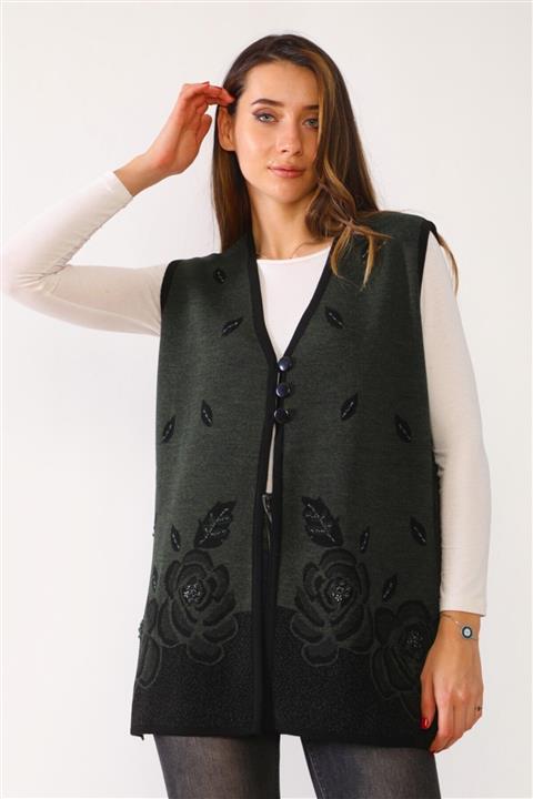 BELİN Kadın Haki Siyah Boncuk İşlemeli Yelek