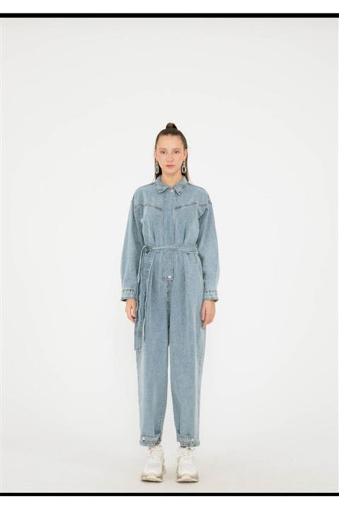 Loreen Kadın Kuşaklı Jean Tulum Pantolon Mavi