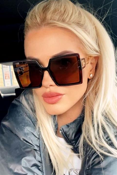 Hane14 Diva Kare Büyük Çerçeveli Kadın Güneş Gözlüğü Kahverengi