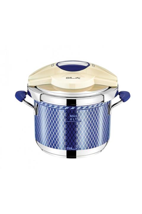 SILA Sedef Dekorlu Mavi Otomatik Düdüklü Tencere Paslanmaz Çelik 6 Lt