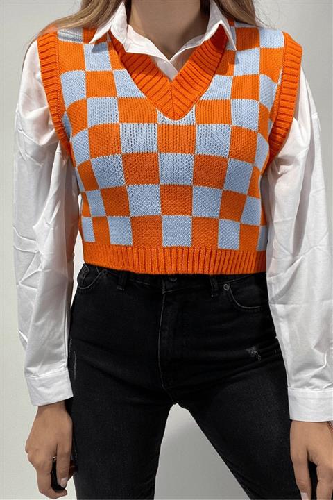 Sorridi Turuncu Mavi V Yaka Dama Desenli Triko Süveter