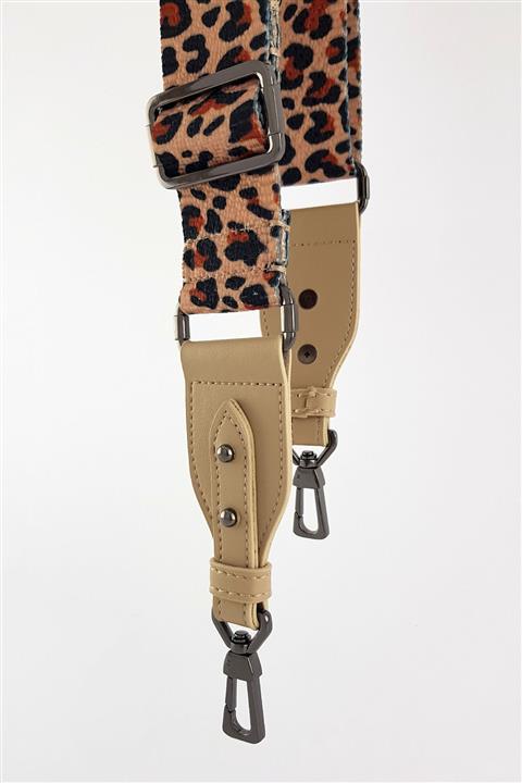 FAEN Kum Leopar Desenli Bej Deri Üçgen Uç Çanta Askısı Black Metal