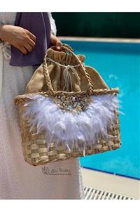 LemaWorkShop Feather Bag Beyaz Hasır Plaj Çantası