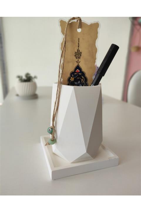 SASA HOME Ofis Seti Kalemlik Beton Kaktüs Sukulent Saksısı Beyaz