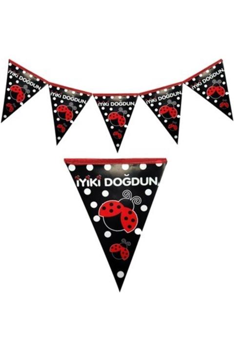 MascotShop Uğur Böceği Temalı Iyiki Doğdun Üçgen Siyah Flama 2 Metre