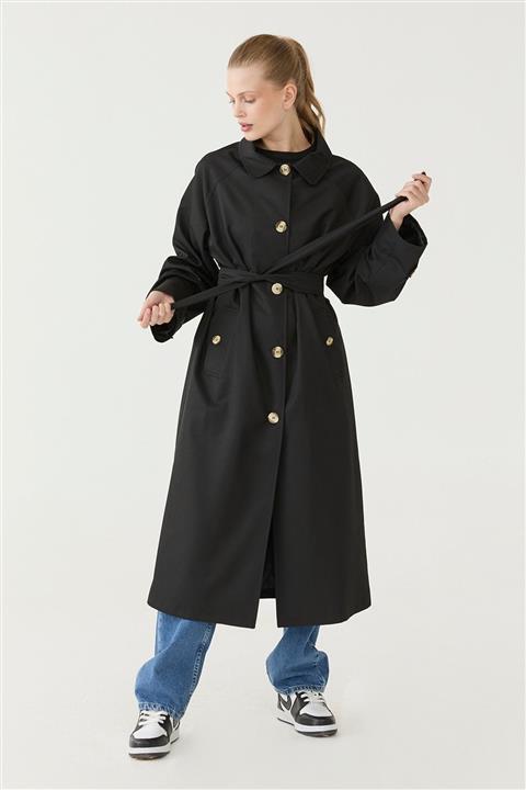 Suud Collection Siyah Reglan Kol Düğmeli Trençkot
