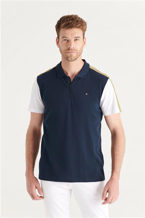 Avva Erkek Lacivert Polo Yaka Yarım Fermuarlı Düz T-shirt A11y1026