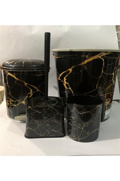GENÇ ZUCCACIYE Plastik Çöp Kovası Basmalı 15 Lt, Tuvalet Fırçası, Maşrapa, Banyo Kovası, Mermer Desenli Set