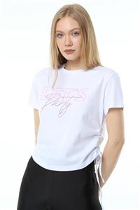 Masorte Yan Büzgülü Lets Party Baskılı Beyaz T-shirt