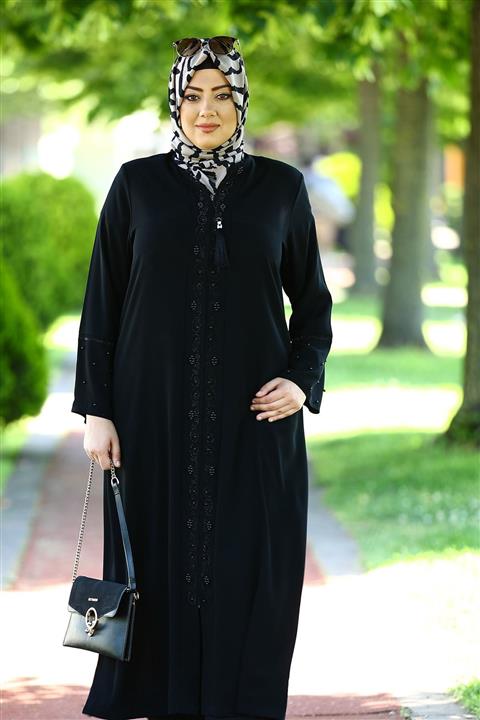 Tuğralı Siyah Taşlı Incili Ferace