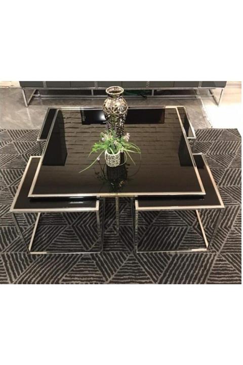 Onurdesign Kante Metal Crom Kaplama Siyah Cam Orta Sehpa 4+1