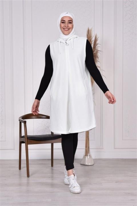 Modakenti Büyük Beden Kapşonlu Fermuarlı Uzun Polar Yelek - Ekru