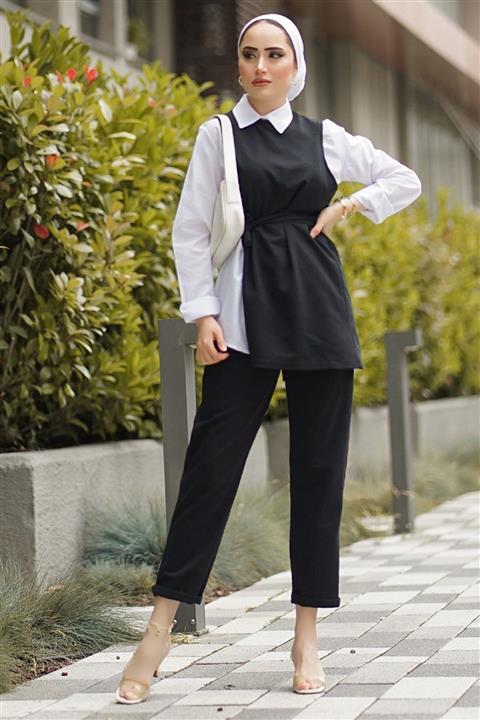 Defne Bahar Fularlı Üçlü Tesettür Takım Siyah