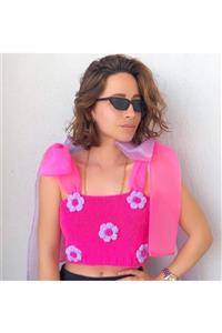 ORGANICMIRA Çiçekli Kolu Tül Detaylı Örme Crop Top Pembe Bluz