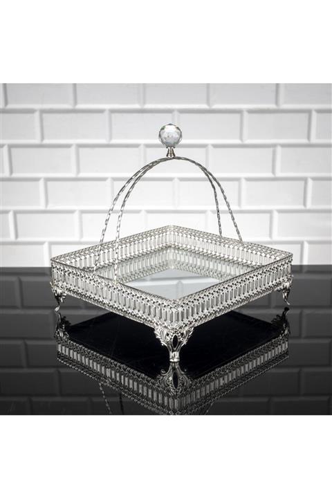 Zeyve Inci Kare Büyük Sunumluk Aynalı Sepet Tepsi Çikolata Sepeti Kahve Tepsisi Gümüş