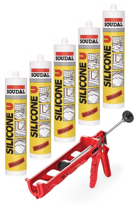 Soudal 5 Adet Şeffaf Silikon 280 Gram + Silikon Tabancası Set