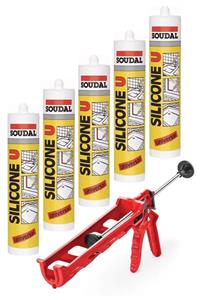 Soudal 5 Adet Şeffaf Silikon 280 Gram + Silikon Tabancası Set