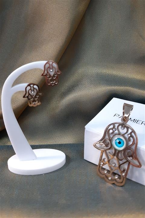 Palmiero Nazar Boncuklu Fatmanın Eli Kolye Ucu Küpe Set