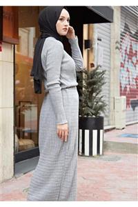DELİ DOLU MODA Kadın Etek Desenli Dokulu Bel Kordonlu Tesettür Triko Elbise
