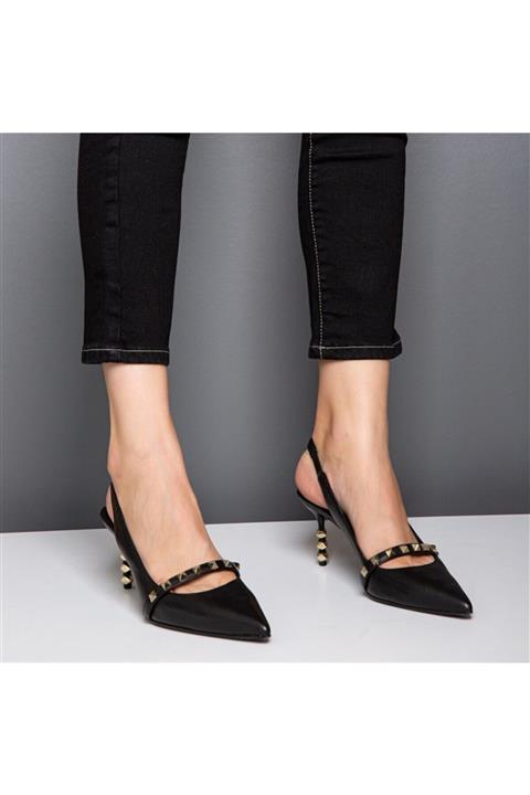 Flower Siyah Deri Trok Detaylı Topuklu Sandalet