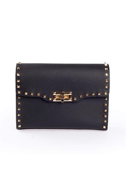 Flower Siyah Deri Troklu Çanta