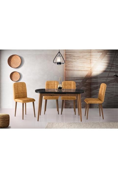 Evistro Ortadan Açılır Ahşap Salon Yemek Masası Oval Mermer Desen + 6 Sarı Sandalye Takım