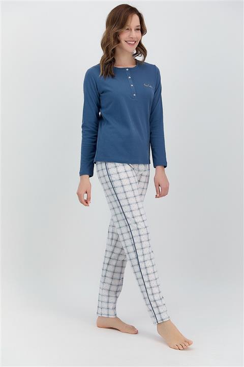 Pierre Cardin Ekoseli Açık Indigo Kadın Uzun Kol Pijama Takımı