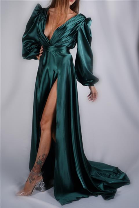 CAN ÇAPAR Couture V Yaka Önden Çift Yırtmaçlı Yeşil Abiye Elbise