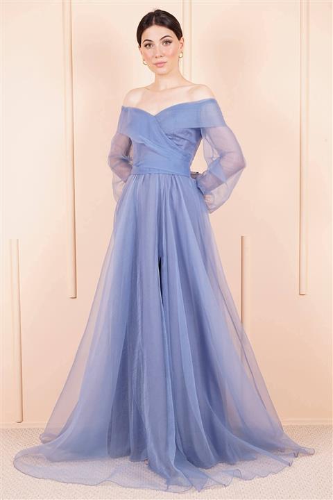 SpringStore Indigo Balon Kol Organize Kumaş Abiye