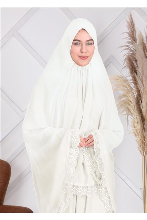 Reis Iki Parça Dantelli Arap Model Namaz Elbisesi - Krem