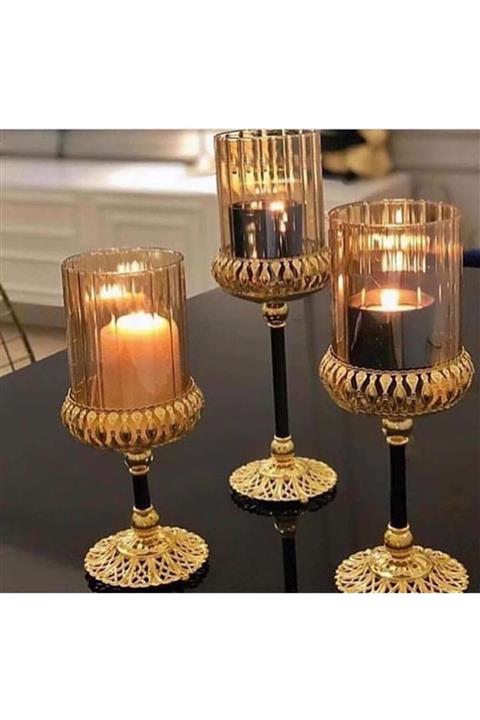 Mavi Vitrin Büyük Boy Üçlü Şamdan Seti Kaliteli Dekoratif Aksesuar Mumluk, Gold Şamdan