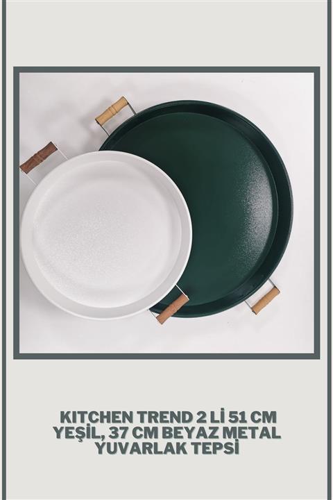kitchen trend 51 Cm Yeşil 37 Cm Beyaz 2 Li Metal Yuvarlak Tepsi Sunum Tepsisi Çay Kahve Tepsisi