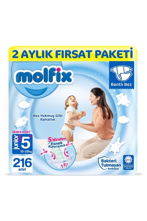 Molfix Bebek Bezi 5+ Beden Junior Plus 2 Aylık Fırsat Paketi 216 Adet