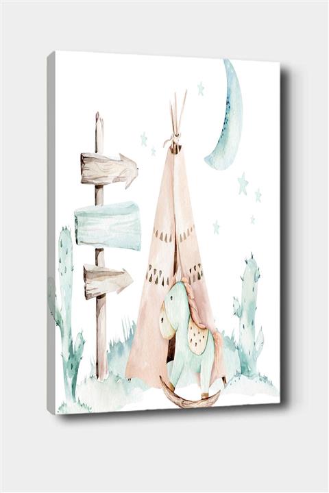 Osso Halı Yeşil Kahve Kızılderili Çadırlı Desenli Dekoratif Çocuk Bebek Odası Kanvas Tablo 50x70 Cm