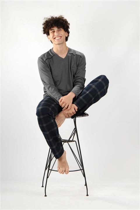 Malabadi Füme Ekoseli Erkek Pijama Takımı V Yaka Kışlık Uzun Kollu Pijama 6014