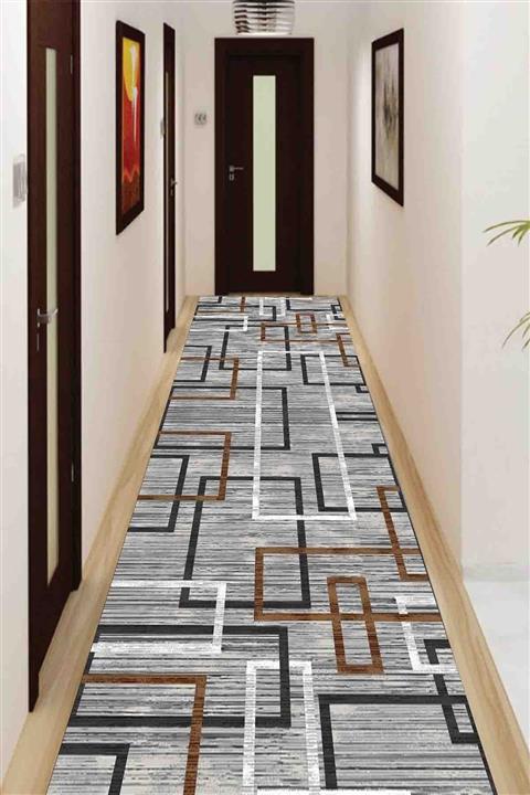 SUNTEKS HOME Dijital Baskı Kaymaz Taban Kahve Çerçeve Yolluk Halı