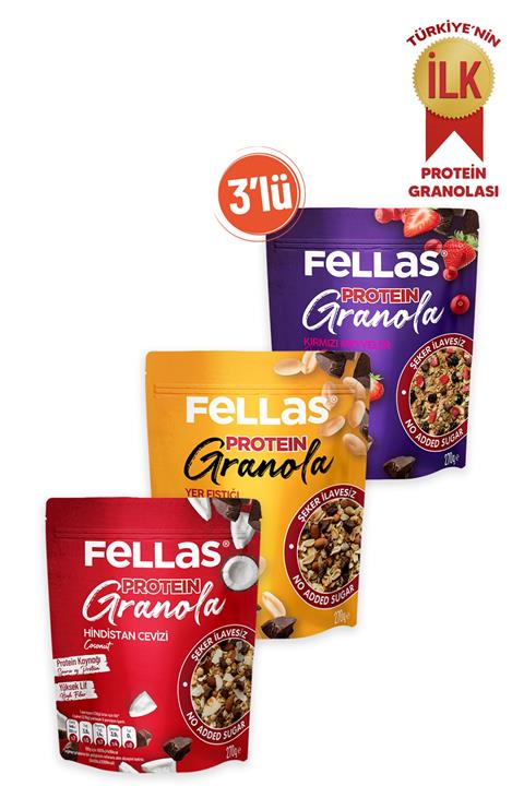 Fellas Granola 3'lü-protein Bar Parçacıklı Hindistan C. 270gr Kırmızı Meyveli 270gr + Yer Fıst. 270gr