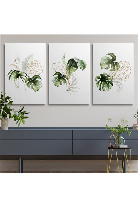 HOMEPACK Kanvas Duvar Tablo Seti 3'lü Canvas Set Yeşil Gold Tropik Yapraklar Hp103