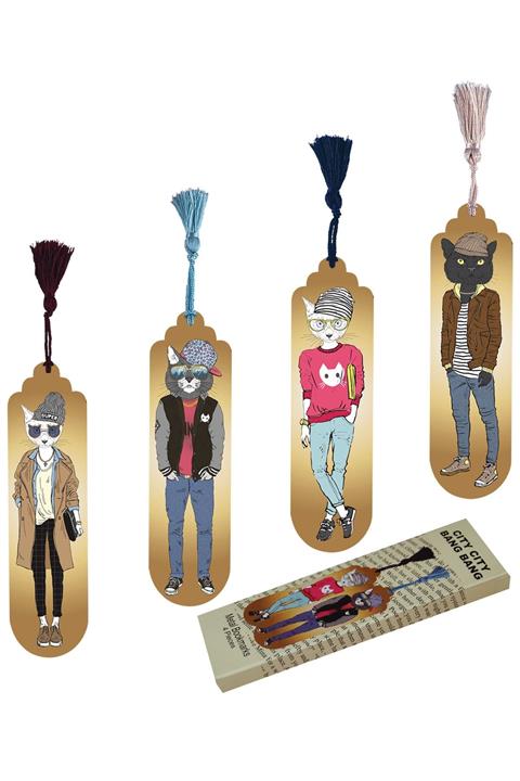Pictor Gift Hediyelik Metal Püsküllü City City Bang Bang Kedili 4'lü Kitap Ayracı Seti