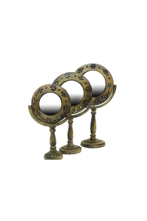 algezan Ayna Stand'lı Anitk Berfi Desen'li 3'lü Set Tamamı Ahşap