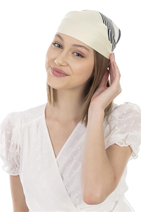 YLondon 13790 Çizgi Desenli Krem Bandana Fular