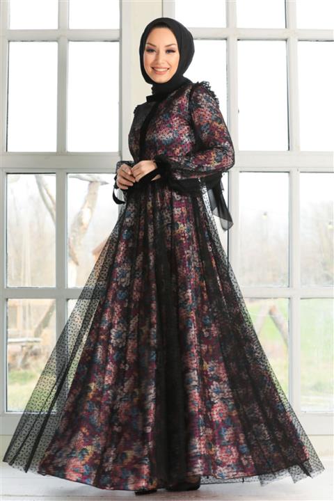 Neva Style Kadın Siyah Fuşya Tesettürlü Abiye Elbise