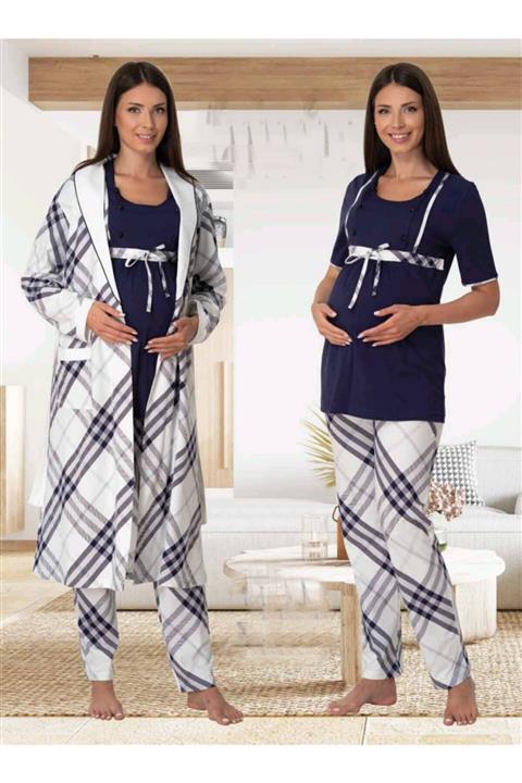 Zerre Bebe Lohusa Sabahlıklı Pijama Takım Lacivert 6024