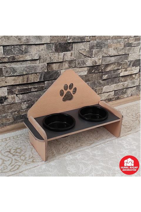Hural Ahsap Ddekorasyon Kedi Köpek Ahşap Mama Ve Su Kabı – Ayarlanabilir Yükseklik - Uzay Grisi