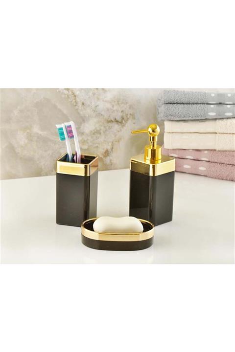 İmera Akrilik Yapım Siyah Kare Sıvı Katı Sabunluk Fırçalık 3'lü Banyo Seti Siyah Altın