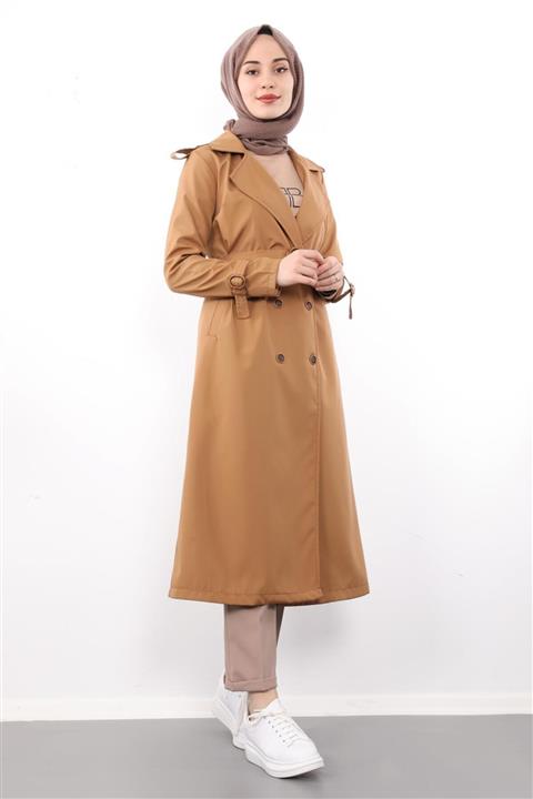 Giza Giyim Kolu Kemerli Trenç Camel