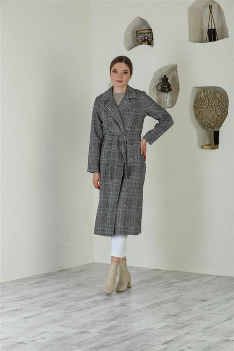 ensade Gri Ekoseli Kuşaklı Kaşe Kaban