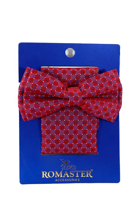 ROMASTER Bordo Renk Kare Desenli Mendilli Papyon